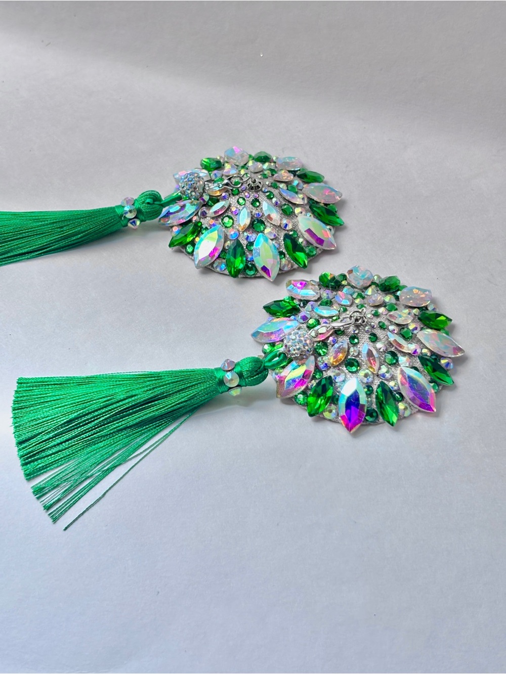 Green and AB Rhinestone Burlesque Pasties-with Removable Tassels